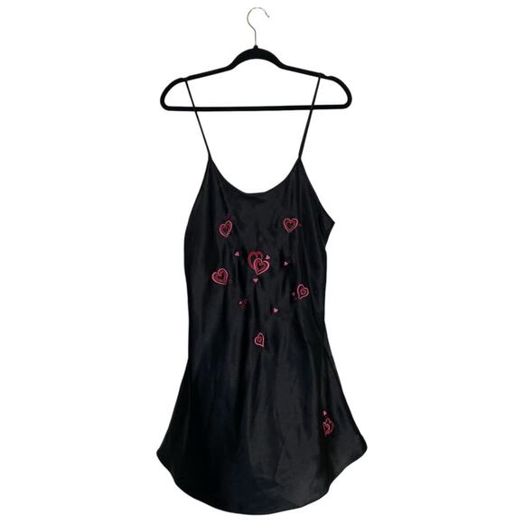 Vintage Nightgown Slip Dress Black Satin Hearts Y2K Cute Romantic Size XL Mini - Picture 1 of 4